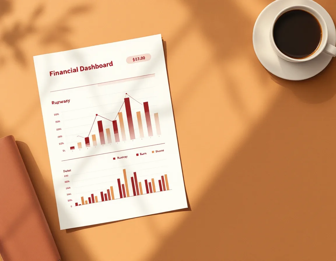 A one-page Jorvik Advisory dashboard on a desk with a coffee and pen
